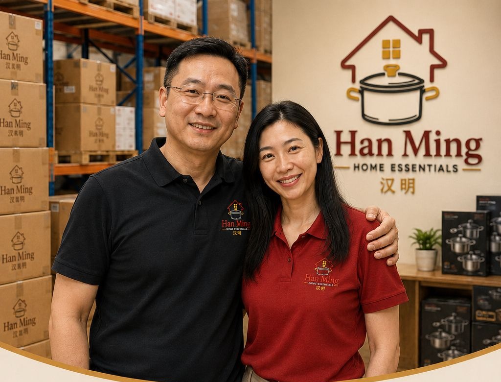 Han Ming Home Essentials co-founders standing in front of warehouse shelving and the Han Ming logo